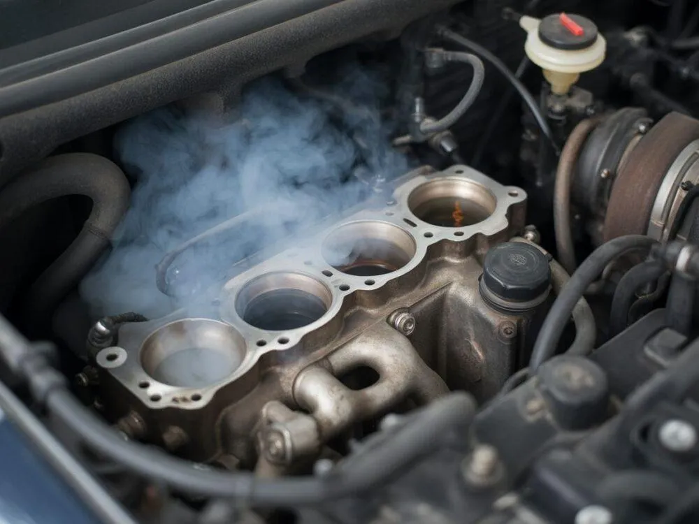 biały dym z wydechu, emulsja pod korkiem oleju