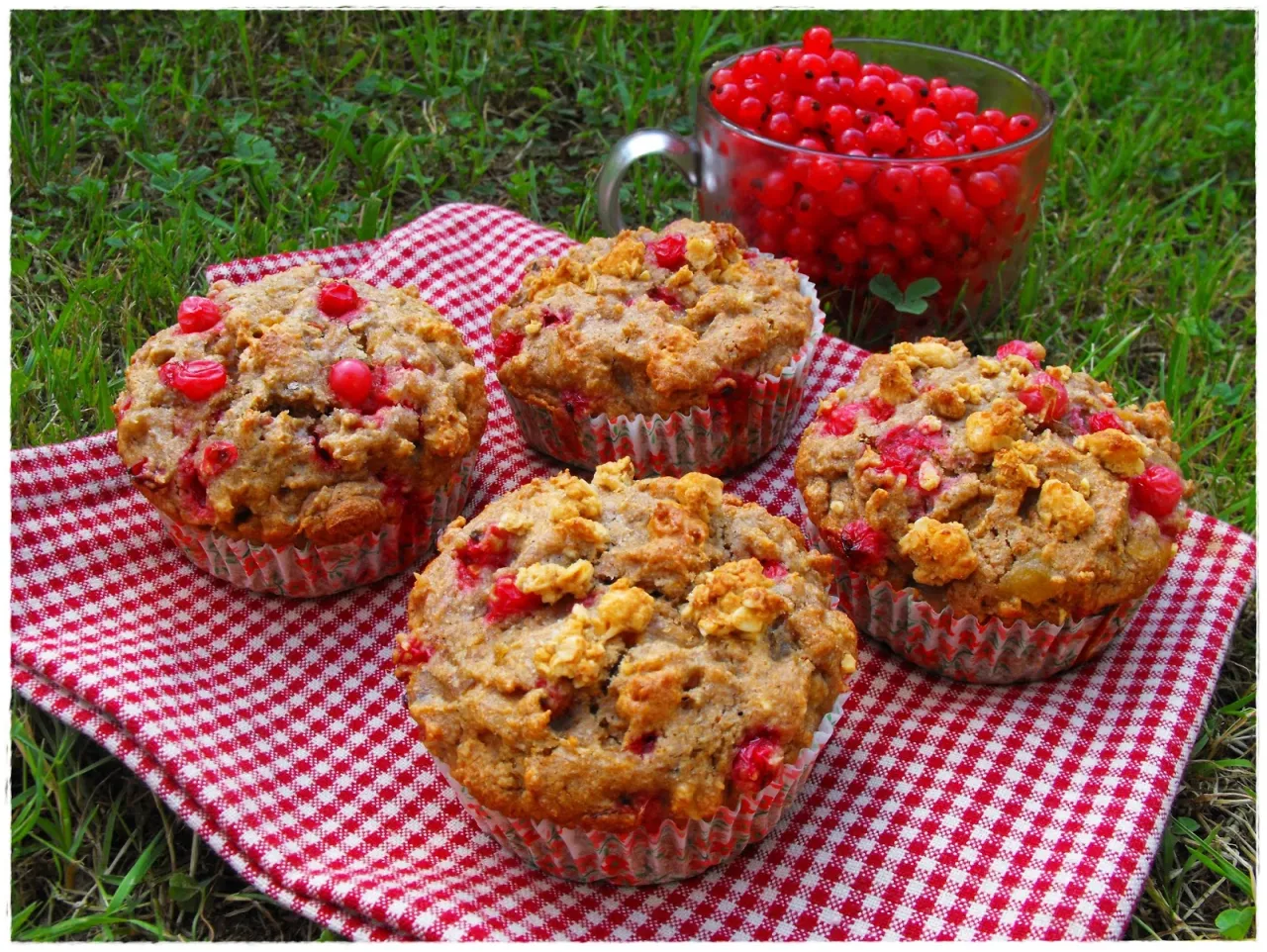 Cztery babeczki z czerwonymi porzeczkami na kratkowanej serwetce. Idealny przepis na zdrowe babeczki, kt&oacute;re zachwycą smakiem.