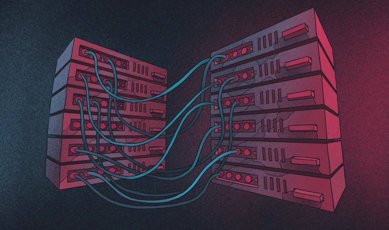 Serwery połączone kablami, symbolizujące proces, jak opublikować stronę WordPress.