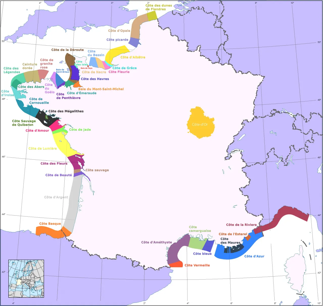 Carte des c&ocirc;tes fran&ccedil;aises stations baln&eacute;aires