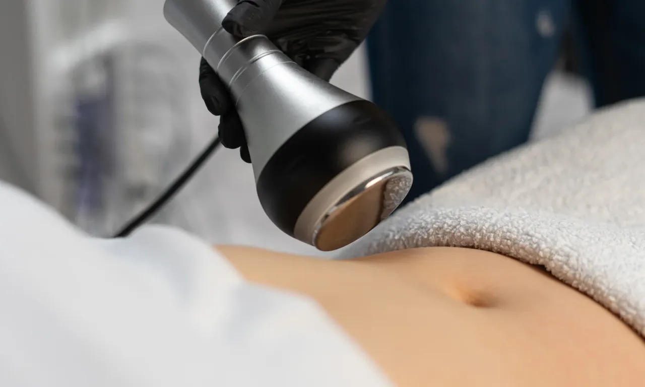 Zabieg kosmetyczny z użyciem urządzenia do modelowania sylwetki. Widoczna głowica zabiegowa przykładana do brzucha, obiecująca widoczne vacuum efekty.