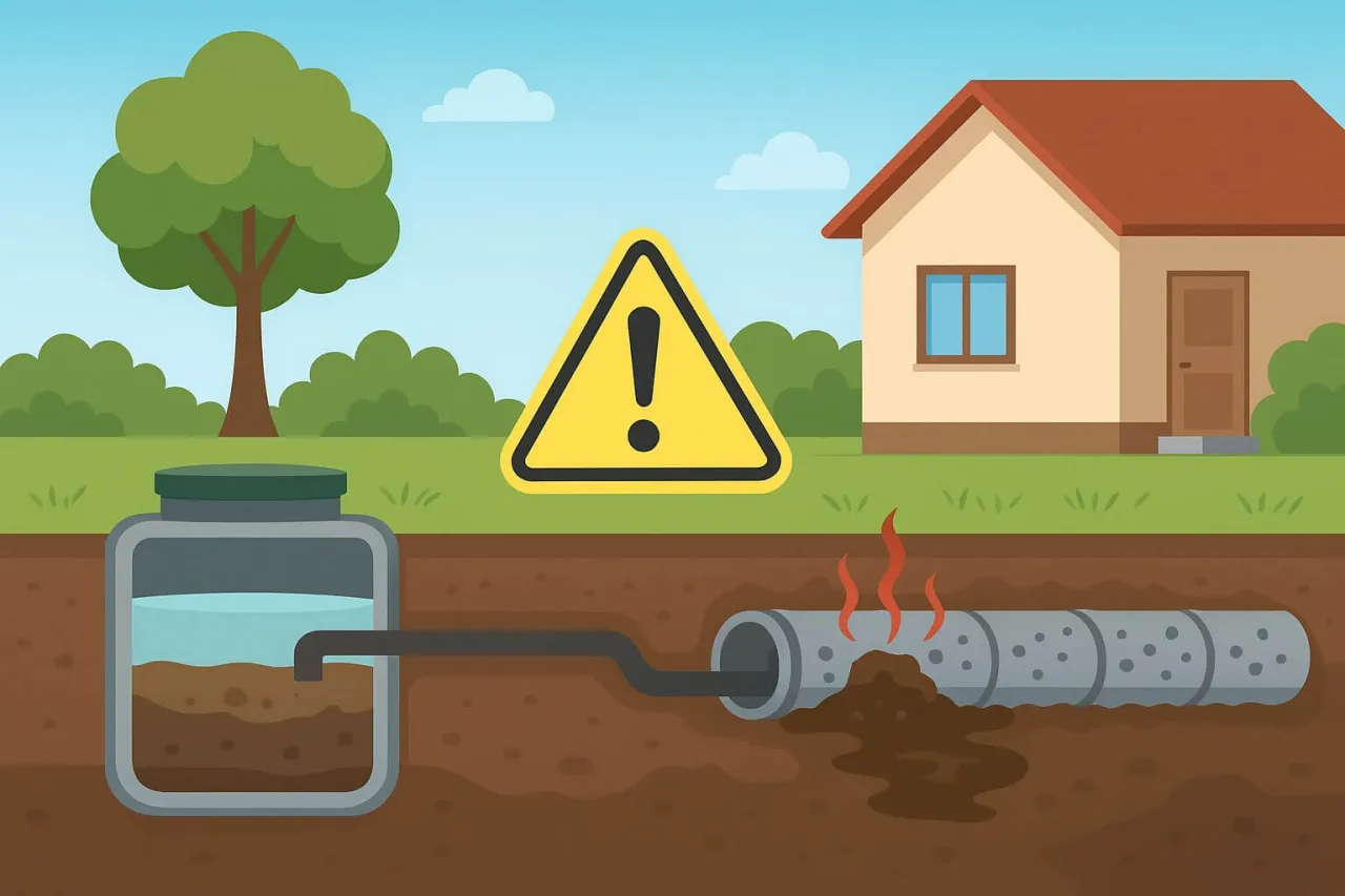 Wyciek z rury kanalizacyjnej przy domu. Oczyszczalnia biologiczna może wydzielać nieprzyjemne zapachy, gdy jest uszkodzona.