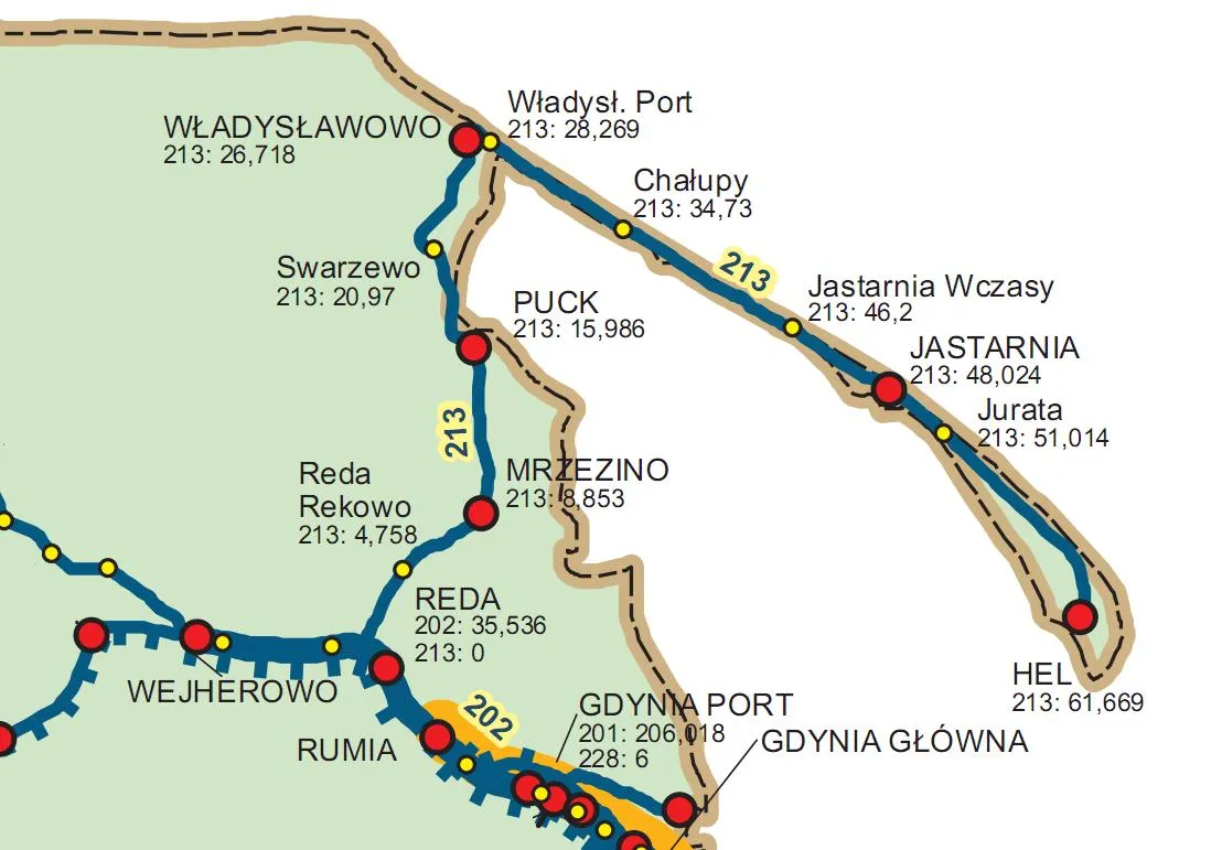 Mapa linii kolejowej P&oacute;łwyspu Helskiego z zaznaczonymi stacjami
