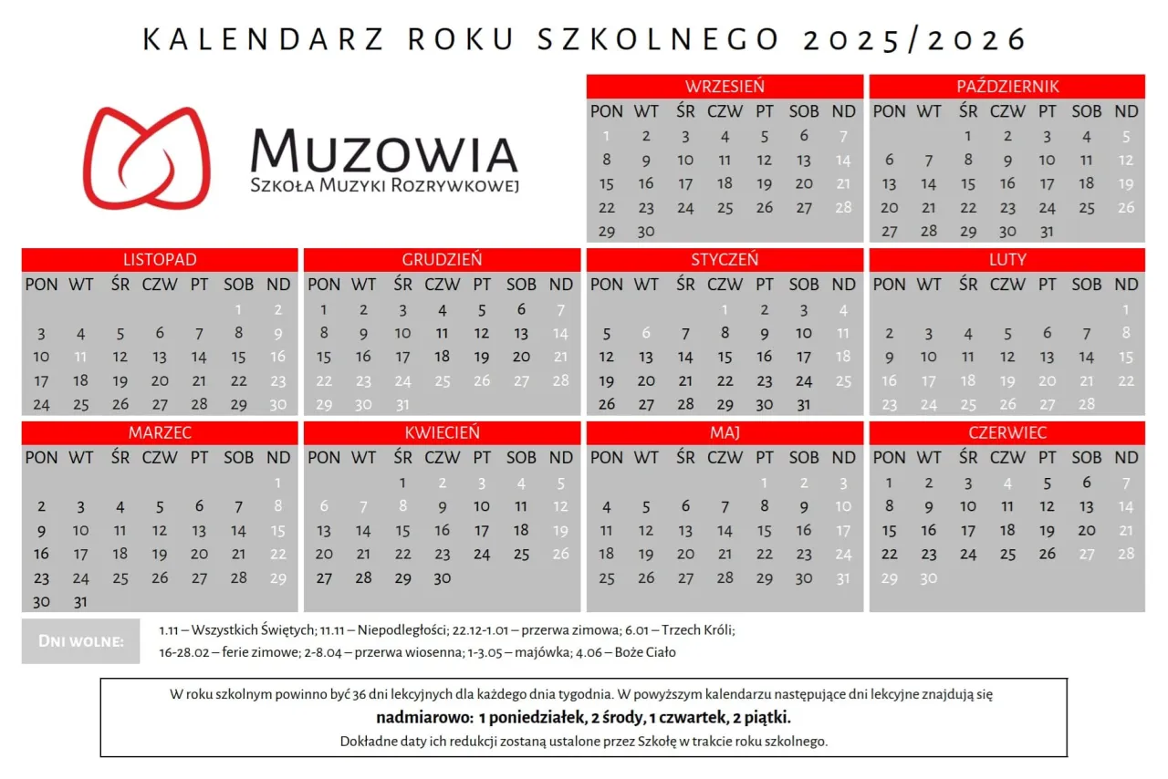 Kalendarz z zaznaczonymi dniami wolnymi