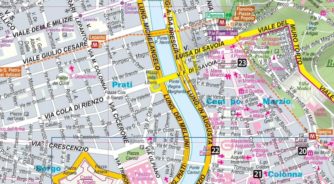 Mapa Rzymu z zaznaczonymi dzielnicami