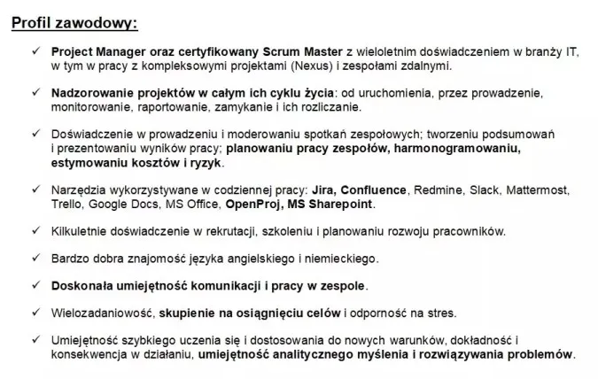 checklista profil zawodowy cv