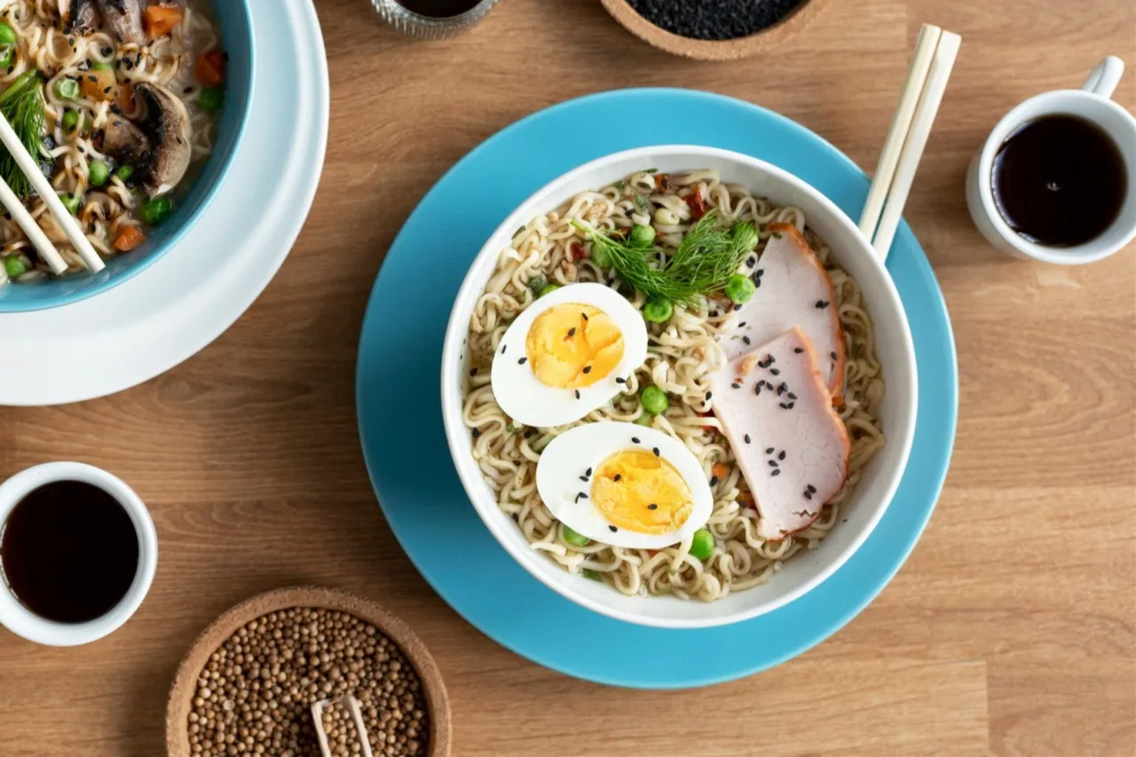 Dwie miski z tantanmen ramen, jedna z jajkiem i plastrami mięsa, druga z grzybami i warzywami.