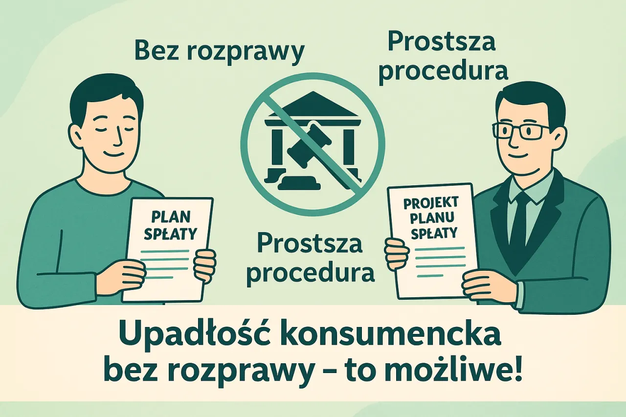 Upadłość konsumencka bez rozprawy to prostsza procedura. Dwóch mężczyzn trzyma dokumenty: 