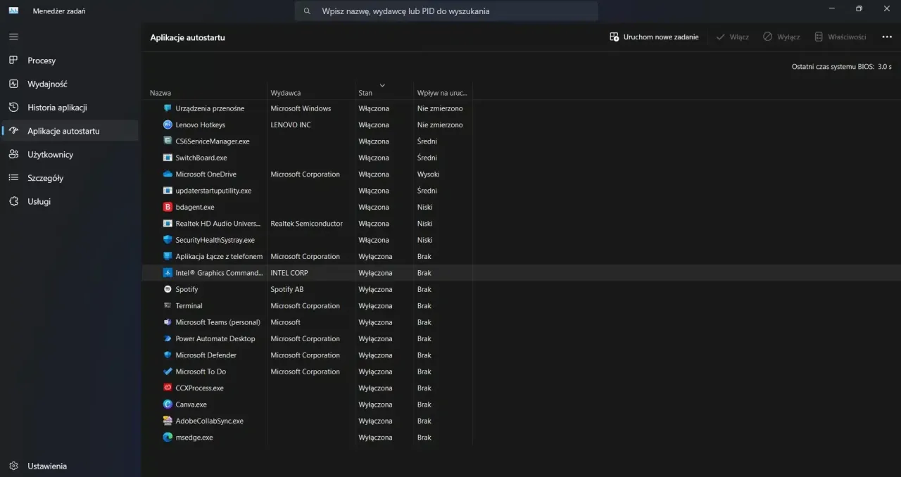 Menedżer zadań Windows 10, zakładka