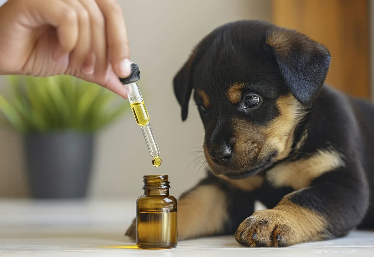 Uroczy szczeniak obserwuje kroplę z pipety, zastanawiając się, jakie witaminy dla szczeniaka są najlepsze.