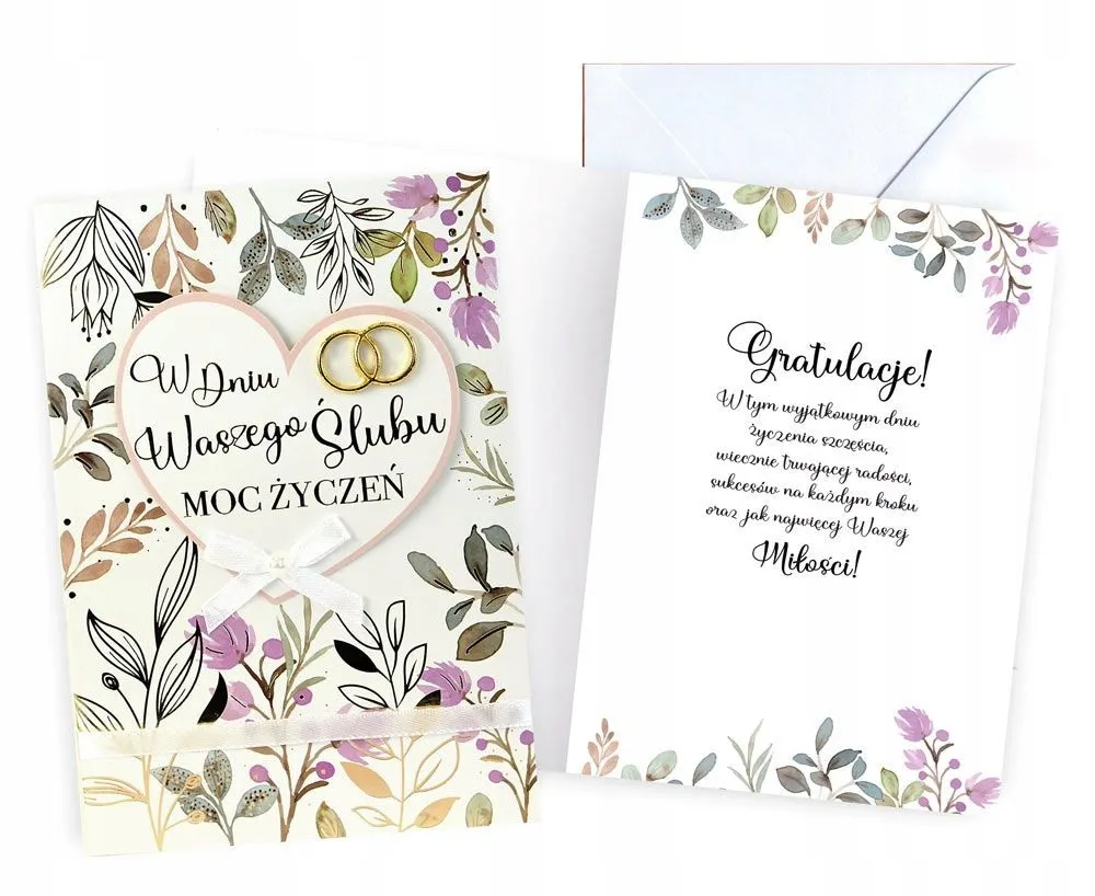 elegancka kartka z życzeniami na rocznicę ślubu i obrączkami