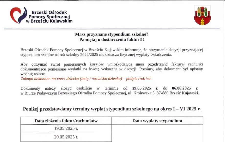 faktury rachunki stypendium szkolne