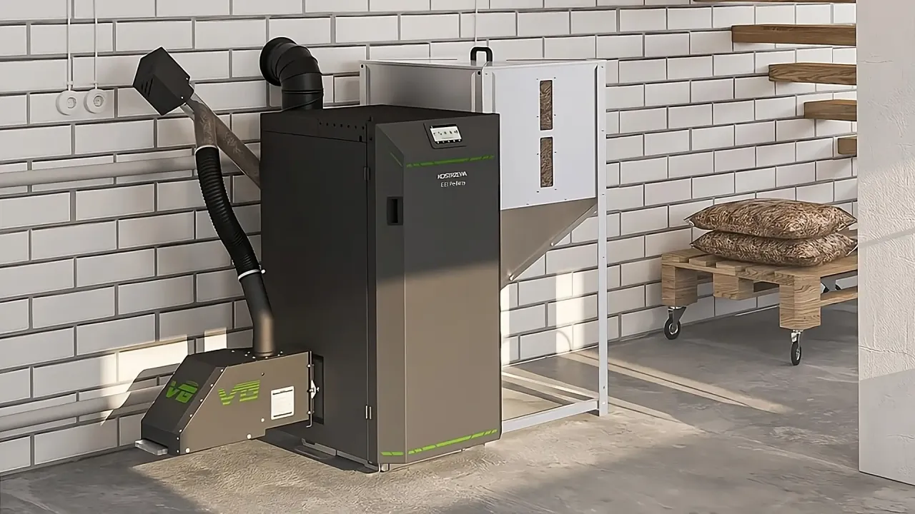 Nowoczesne kotły CO na pellet, z zasobnikiem i systemem podawania paliwa, gotowe do ogrzewania domu.