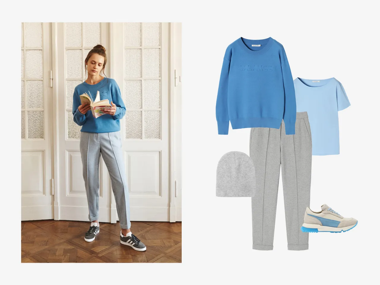 Kolorowe spodnie do szarej bluzy inspiracje