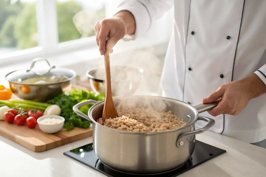 Osoba gotująca kaszę w garnku