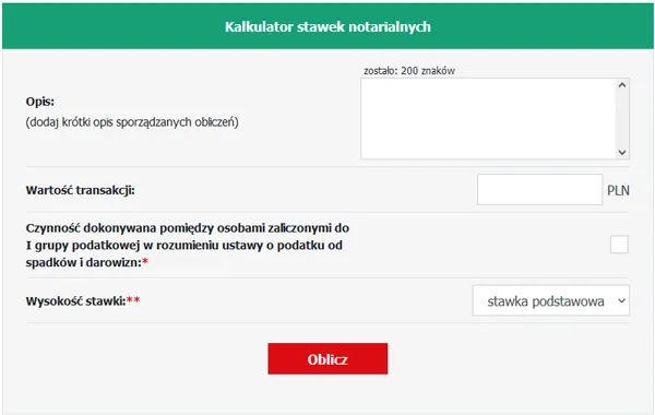 kalkulator taksy notarialnej darowizna nieruchomości
