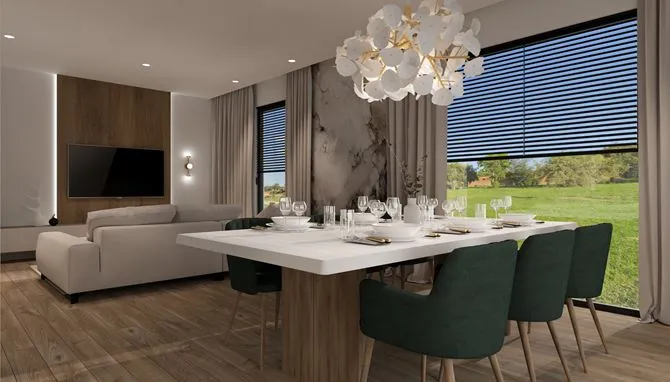 żyrandol nad stołem w salonie z jadalnią