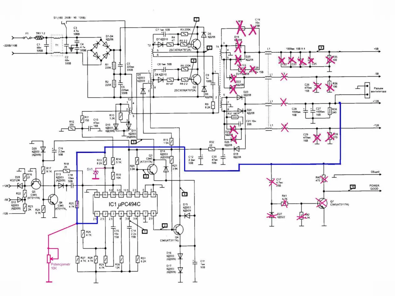 modyfikacja zasilacza ATX PWM TL494 schemat