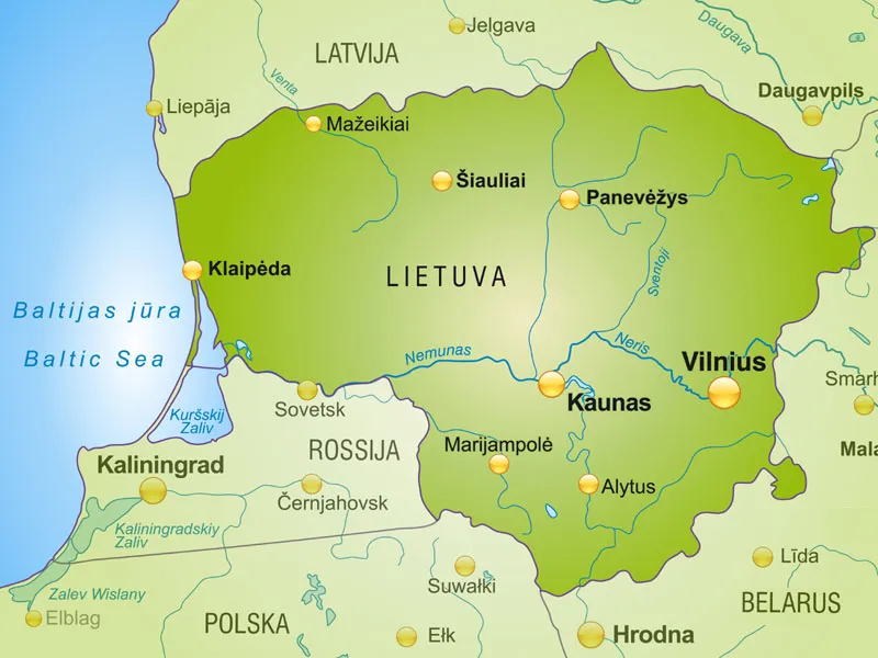 Mapa Litwy z zaznaczonymi popularnymi miastami turystycznymi i granicami