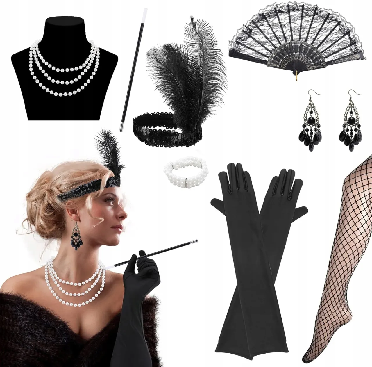 Moda damska lata 20 flapper sukienki perły pióra