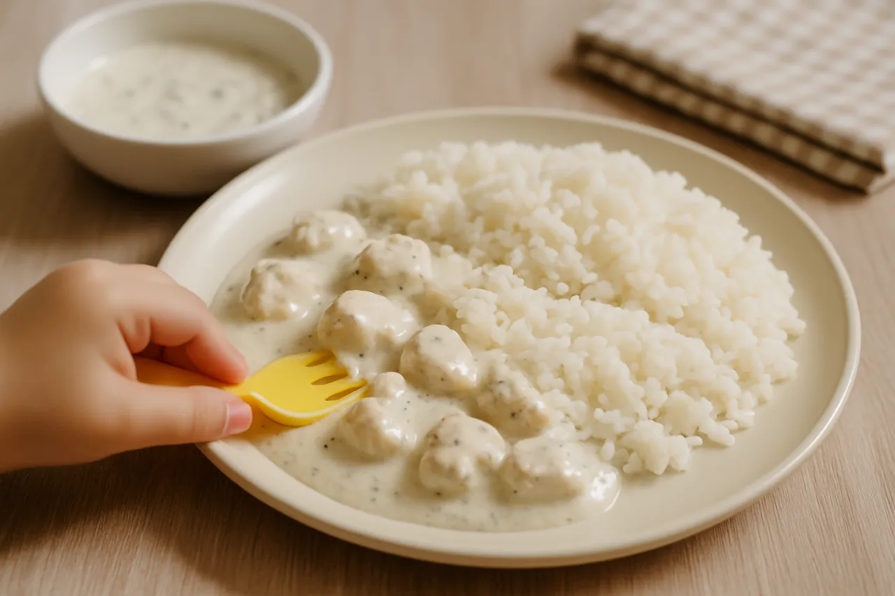 Dziecko je klopsiki w sosie z ryżem. Proste danie, co może ugotować 10 latka.