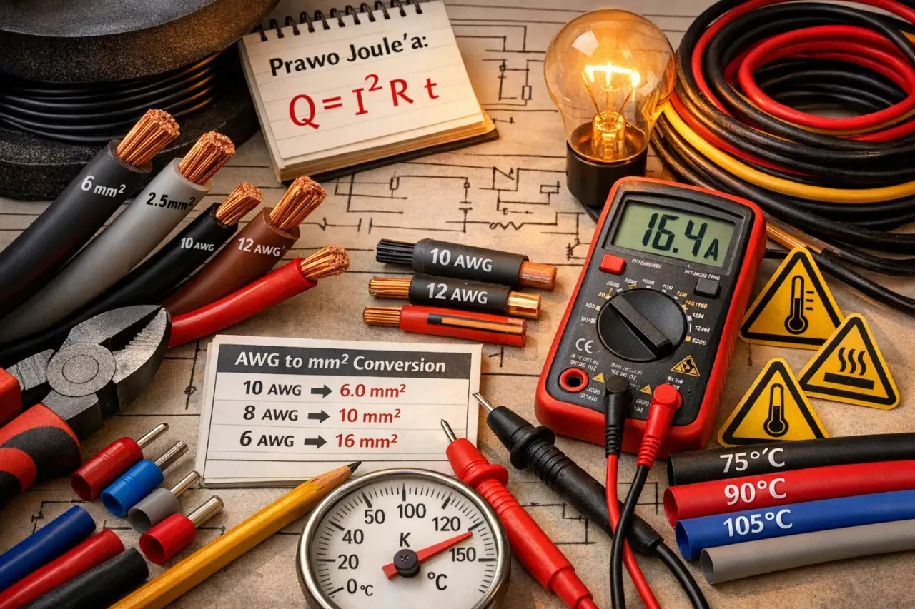 Przewody elektryczne o r&oacute;żnych przekrojach (np. 6 mm&sup2;, 2.5 mm&sup2;, 10 AWG, 12 AWG), multimetr, żar&oacute;wka, kombinerki, termometr i tabele konwersji AWG na mm&sup2;.