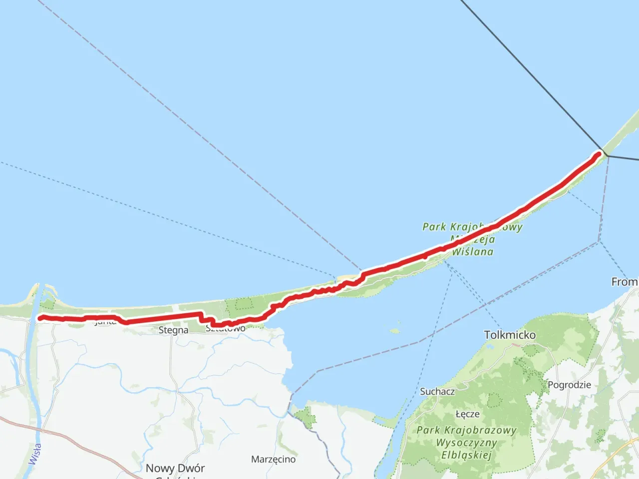 Mapa przedstawia malowniczą nadmorską trasę rowerową wzdłuż Mierzei Wiślanej, prowadzącą przez Stegnę i Sztutowo.