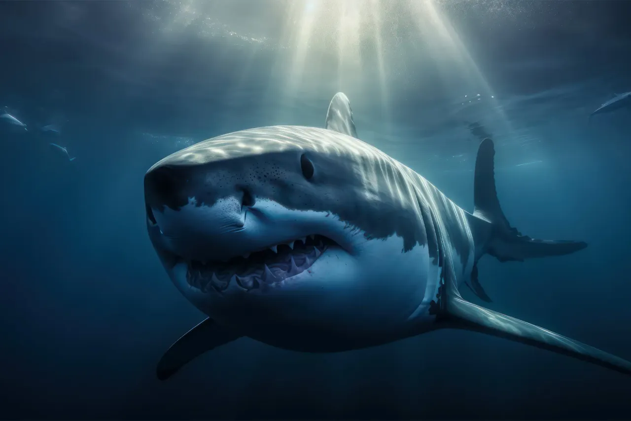 Wielki biały rekin pływa w głębinach, jego zęby są widoczne. Czy w Morzu Bałtyckim są rekiny? To pytanie budzi strach.