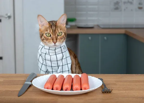 kot patrzy na kiełbasę na talerzu