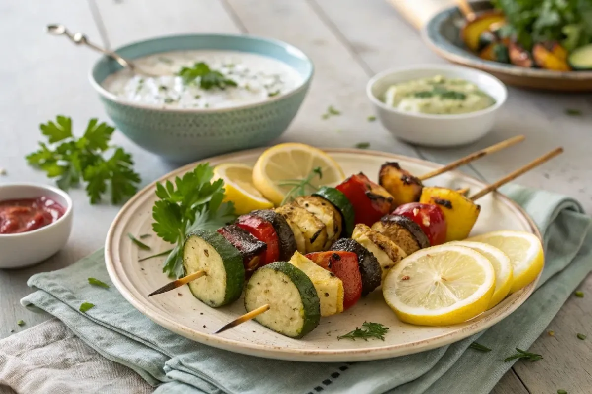 Jak zrobić szaszłyka? Grillowane warzywa na patyku: cukinia, papryka, bakłażan, z cytryną i dipem.