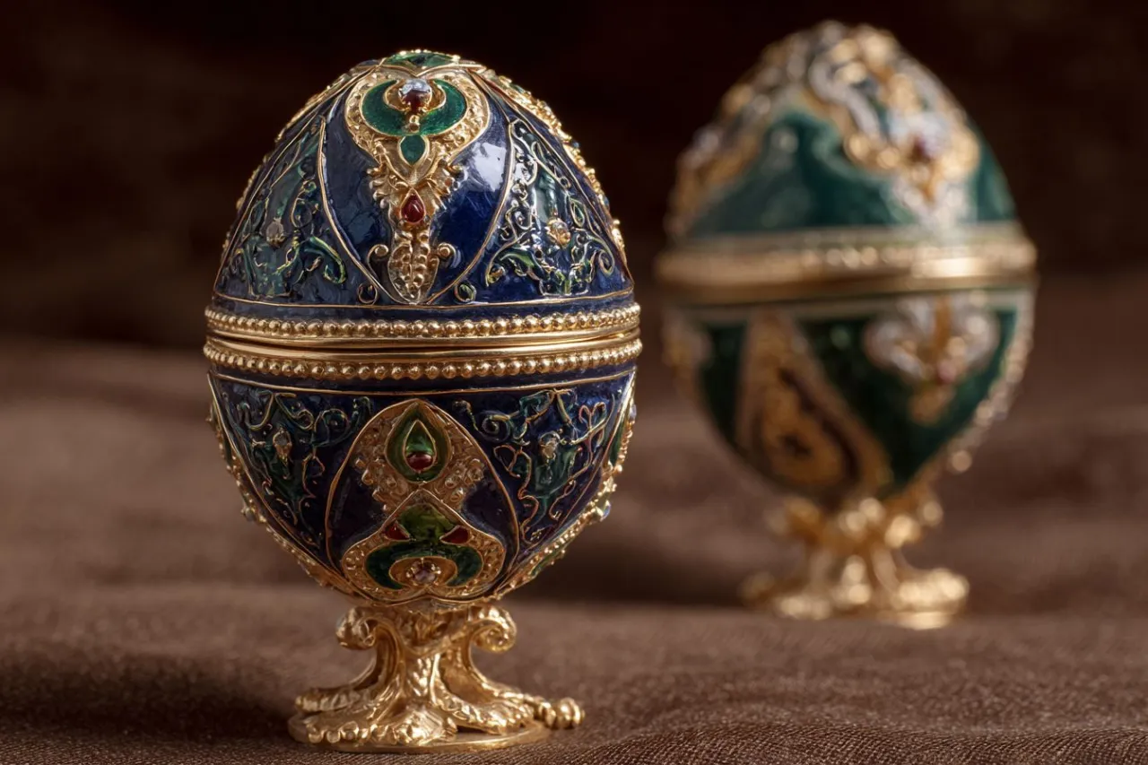 Dwa ozdobne jajka Faberg&eacute;, jedno niebieskie, drugie zielone, stoją na złotych podstawkach. Czy to zaginione jajka Faberg&eacute;?
