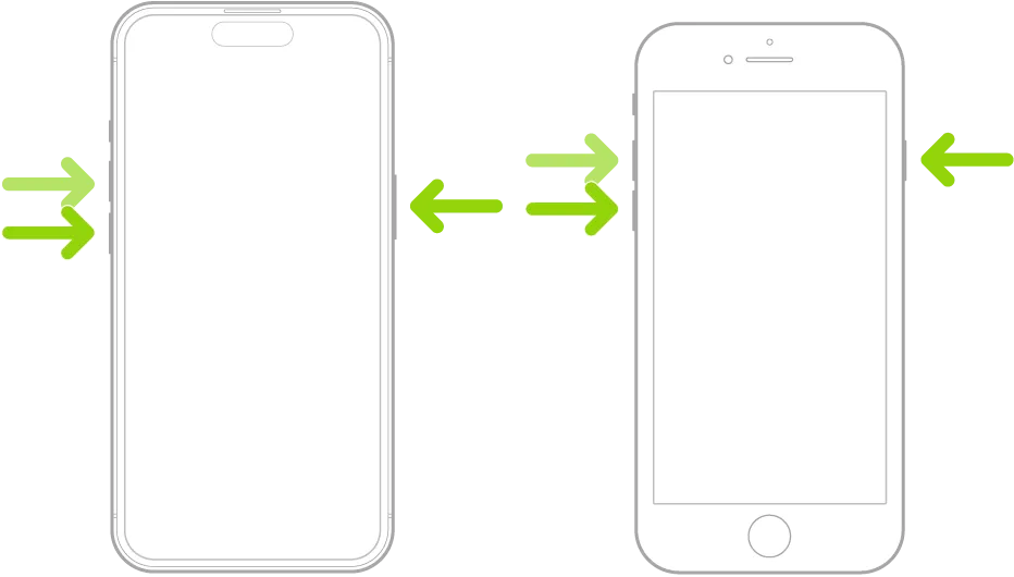 iPhone z zamarzniętym ekranem i strzałkami wskazującymi przyciski do hard resetu