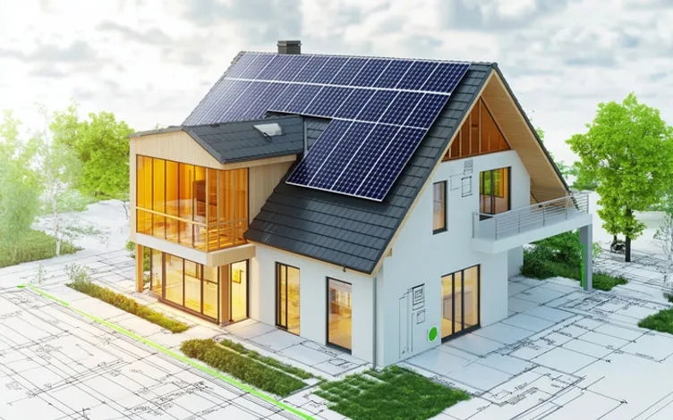 Dom po termomodernizacji z panelami fotowoltaicznymi
