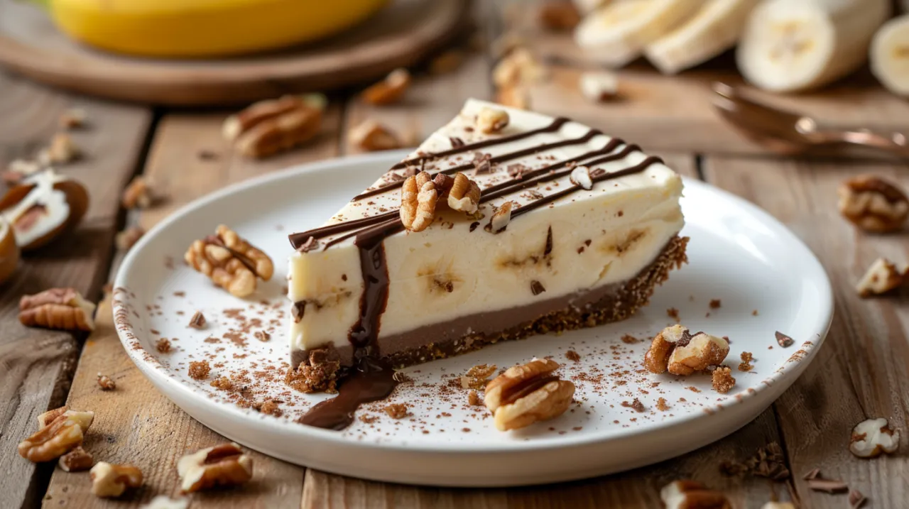 Zdjęcie Sernik bananowy na zimno z polewą czekoladową i orzechami