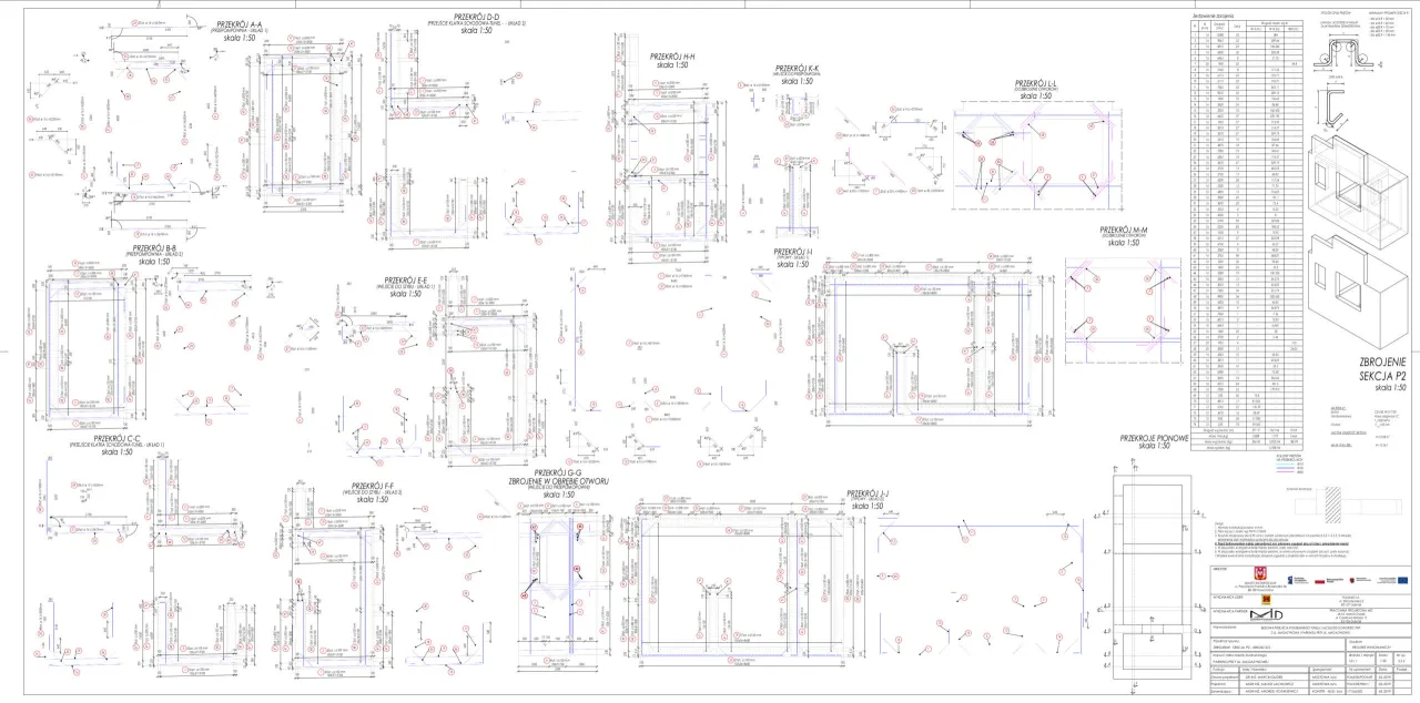 Przykład rysunku technicznego zbrojenia płyty drogowej z legendą