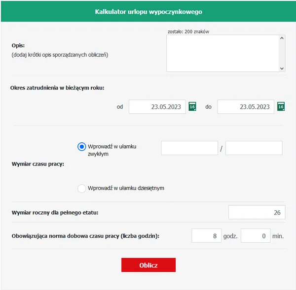 kalkulator urlopu na niepełny etat, podział etatu