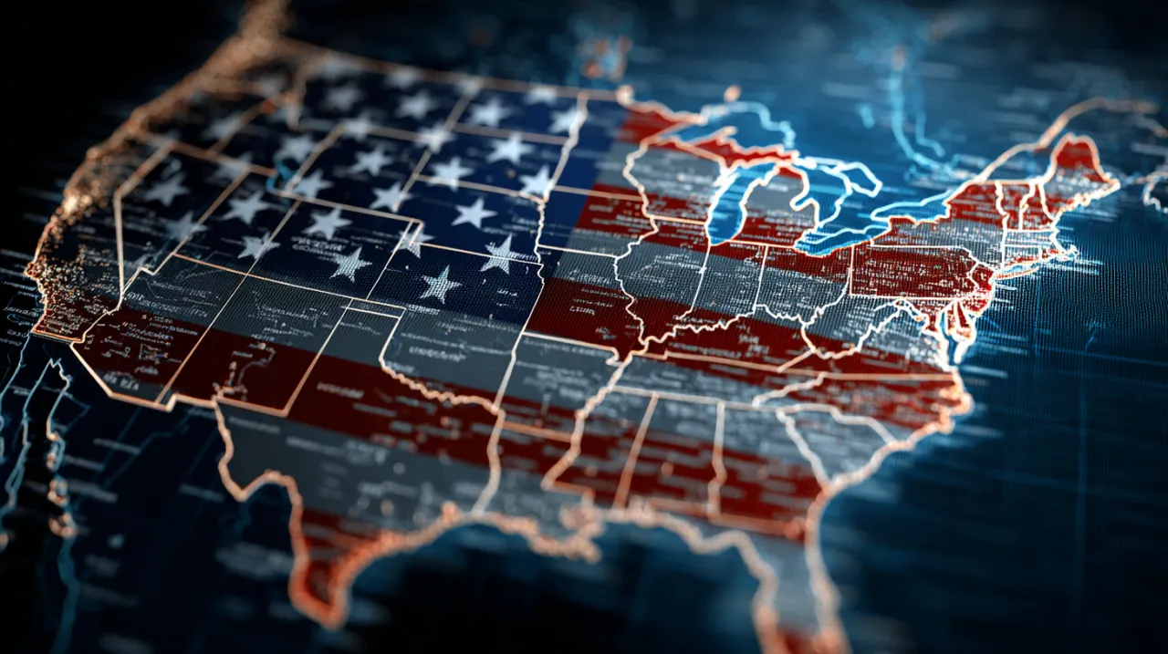 Mapa USA z flagą, dane cyfrowe. Czy w USA jest bezpiecznie? Zależy od stanu i miasta.