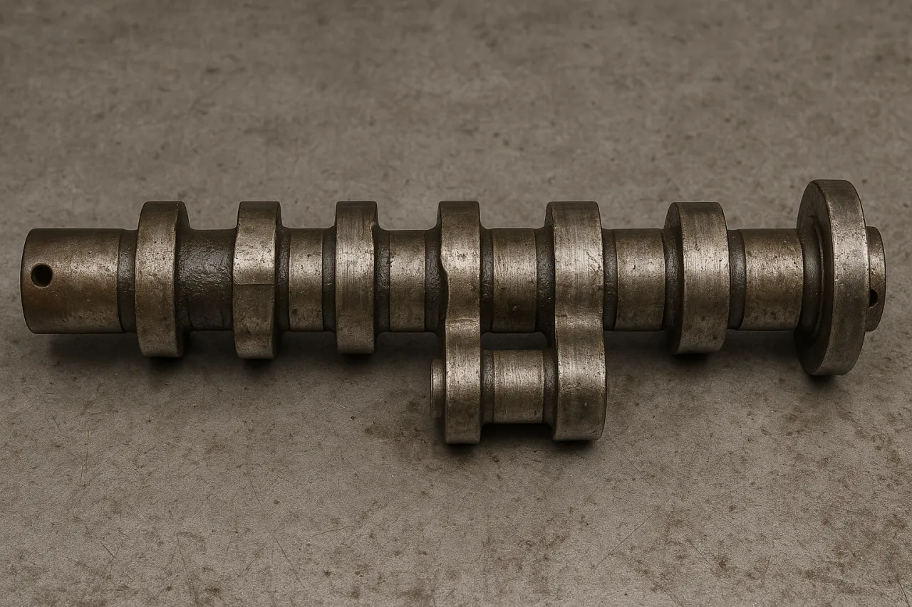 Zużyty wałek rozrządu objawy: metalowy wałek z wyraźnymi śladami zużycia na krzywkach, świadczący o problemach z silnikiem.