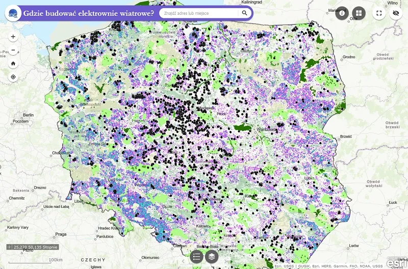 Mapa Polski z lokalizacją gł&oacute;wnych elektrowni węglowych, wiatrowych i planowanych jądrowych