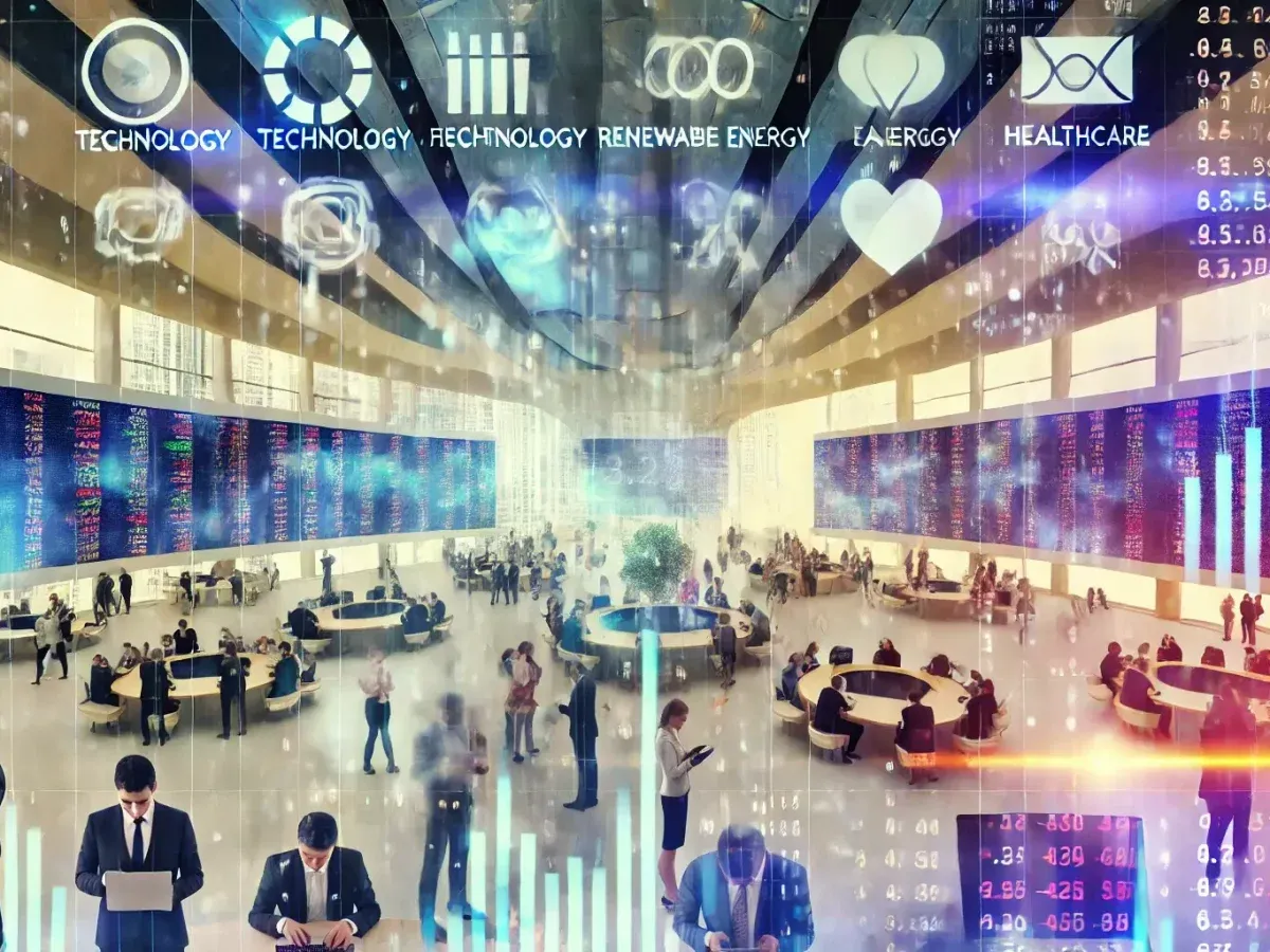 Futurystyczna giełda papierów wartościowych, gdzie ludzie analizują dane. To miejsce, gdzie można dowiedzieć się, co to giełda papierów wartościowych i jak działa.