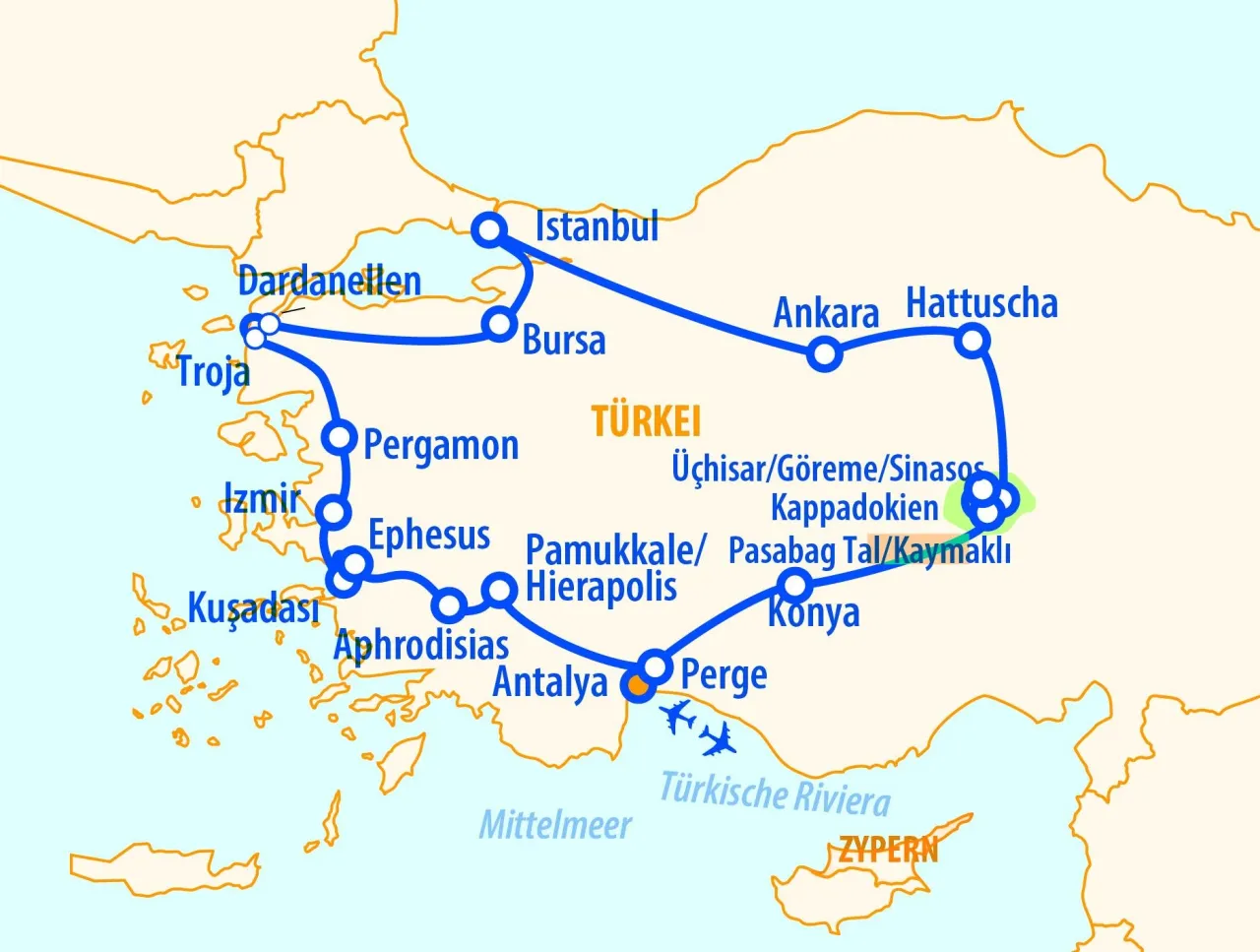 Karte der Türkischen Riviera mit eingezeichneten Seebädern