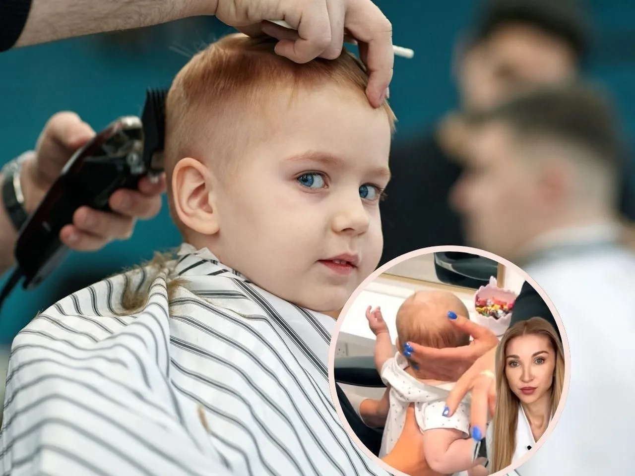 Chłopiec z niebieskimi oczami ma obcinane włosy maszynką. W tle widać kobietę z niemowlęciem, zastanawiającą się, czy obcinanie włosów dziecku wzmacnia je.