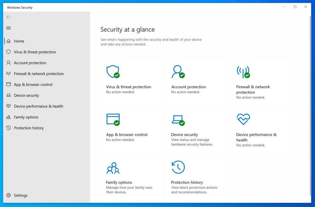 Windows Security dashboard Windows 10