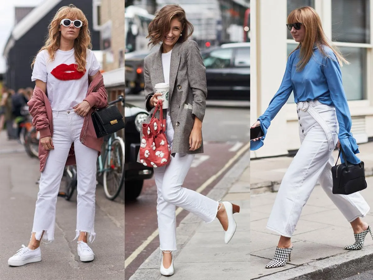 Trzy kobiety prezentują stylizacje: białe spodnie z t-shirtem i kurtką, białe spodnie z marynarką i kolorową torebką, białe spodnie z błękitną bluzką. Inspiracje, co ubrać do białych spodni.