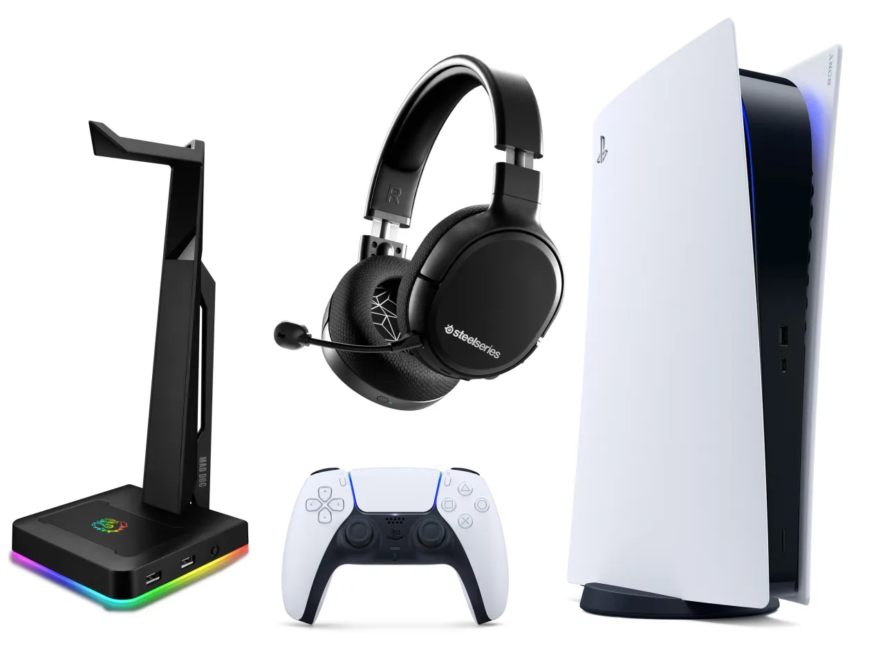 PS5 z podłączonym adapterem USB do słuchawek gamingowych