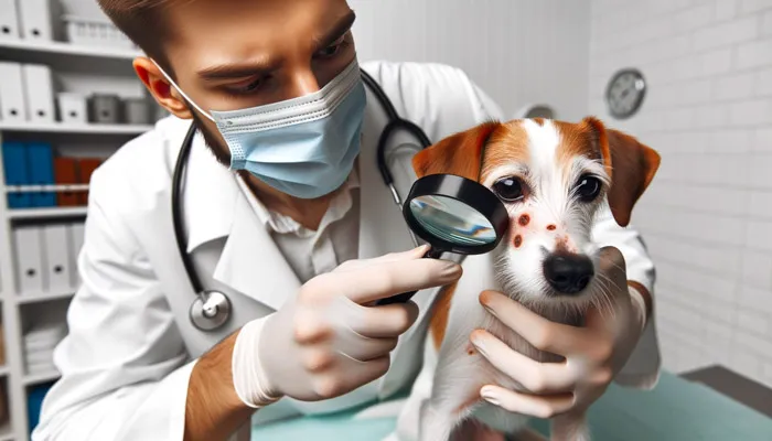 Weterynarz bada skórę szczeniaka pod mikroskopem