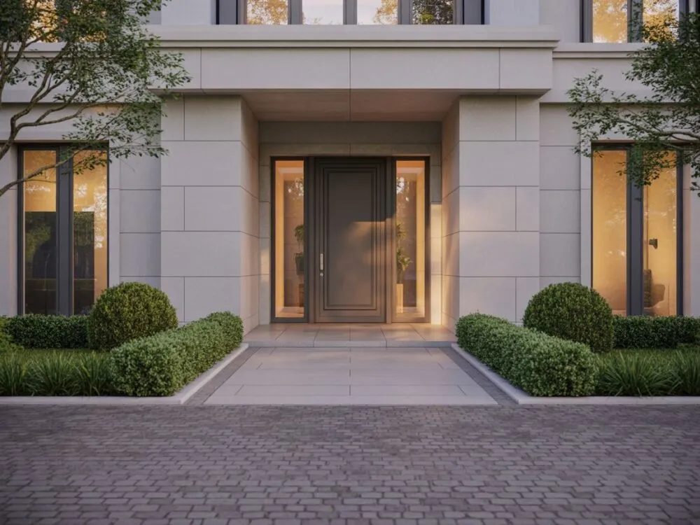 Nowoczesny dom z dopasowaną kostką brukową na podjeździe