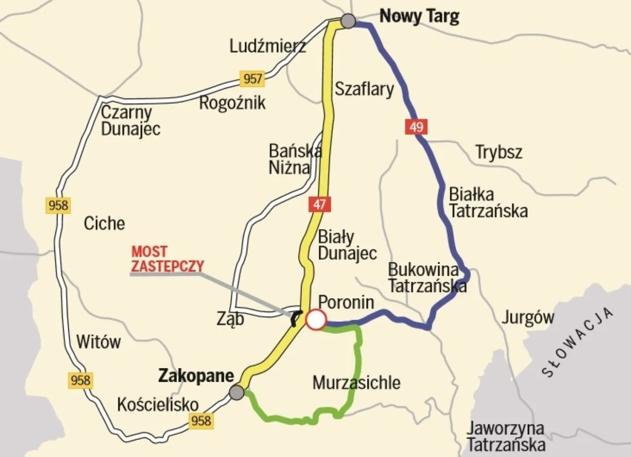 Mapa objazdy Zakopianki Czarny Dunajec Chochoł&oacute;w