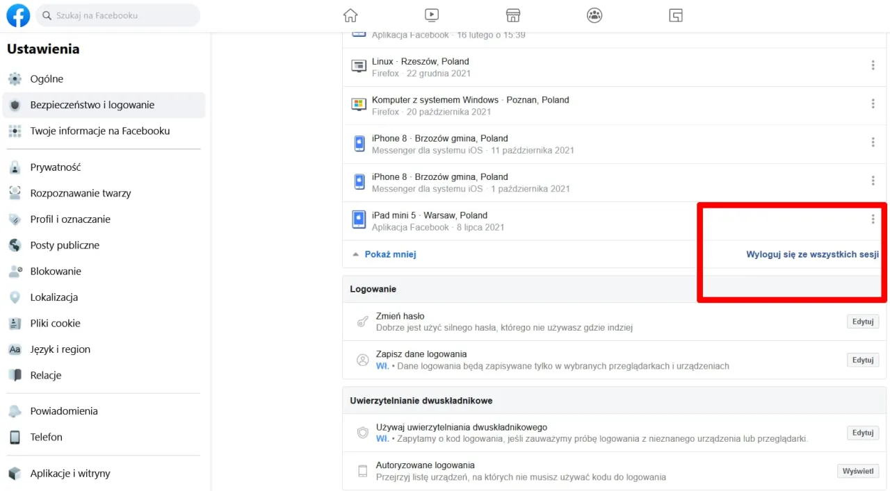 Ustawienia bezpieczeństwa Facebooka: jak odzyskać konto na Facebooku. Zakończ wszystkie aktywne sesje, aby zabezpieczyć swoje konto.