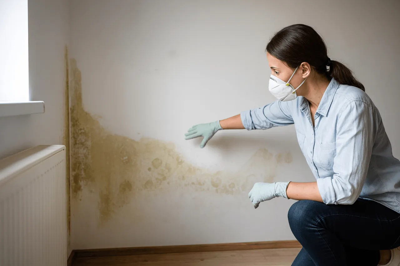 Kobieta w masce i rękawiczkach bada pleśń na ścianie, kt&oacute;ra mogła powstać przez kondensację.